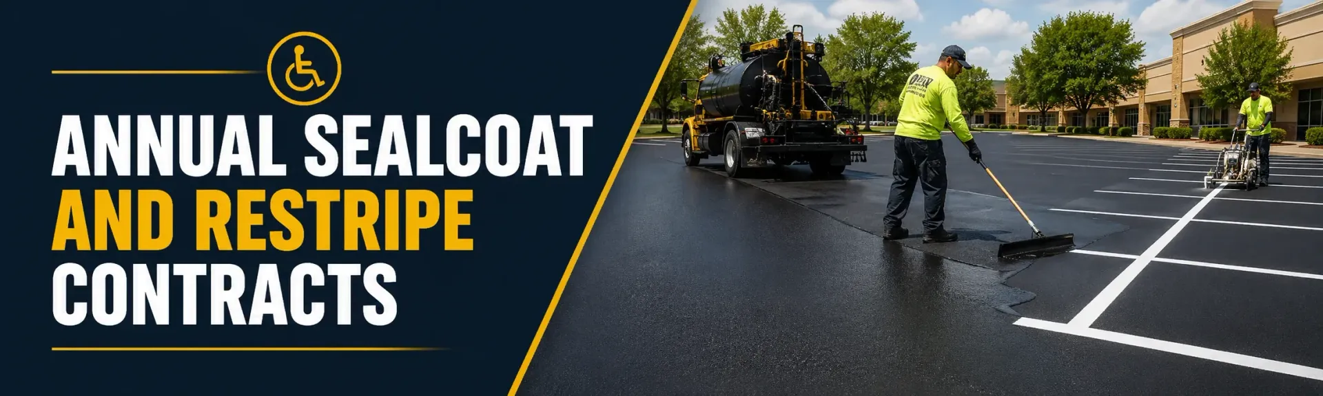 Annual sealcoat and restripe contract crew sealcoating and line striping a commercial parking lot in New Berlin, WI, for a fresh, durable, slip-resistant finish