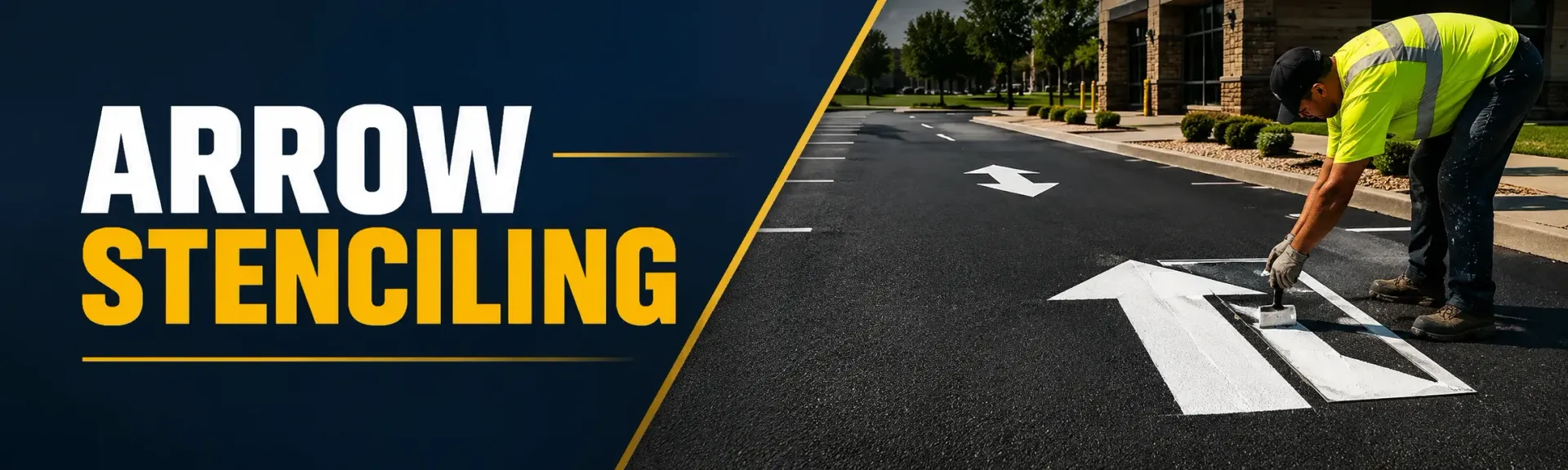 Pavement arrow stenciling on a sealcoated commercial parking lot in Mukwonago, WI, where a striping technician paints crisp white directional traffic-flow arrows
