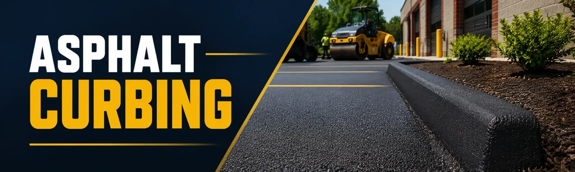 Freshly installed asphalt curbing edging a newly paved commercial parking lot in Greendale, WI, with a roller and crew compacting the lot beside a landscaped bed