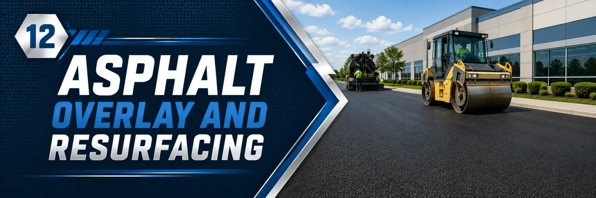 Asphalt overlay and resurfacing crew laying and rolling a fresh asphalt layer over a commercial drive at an office building in Franklin, WI, for a smooth, renewed surface