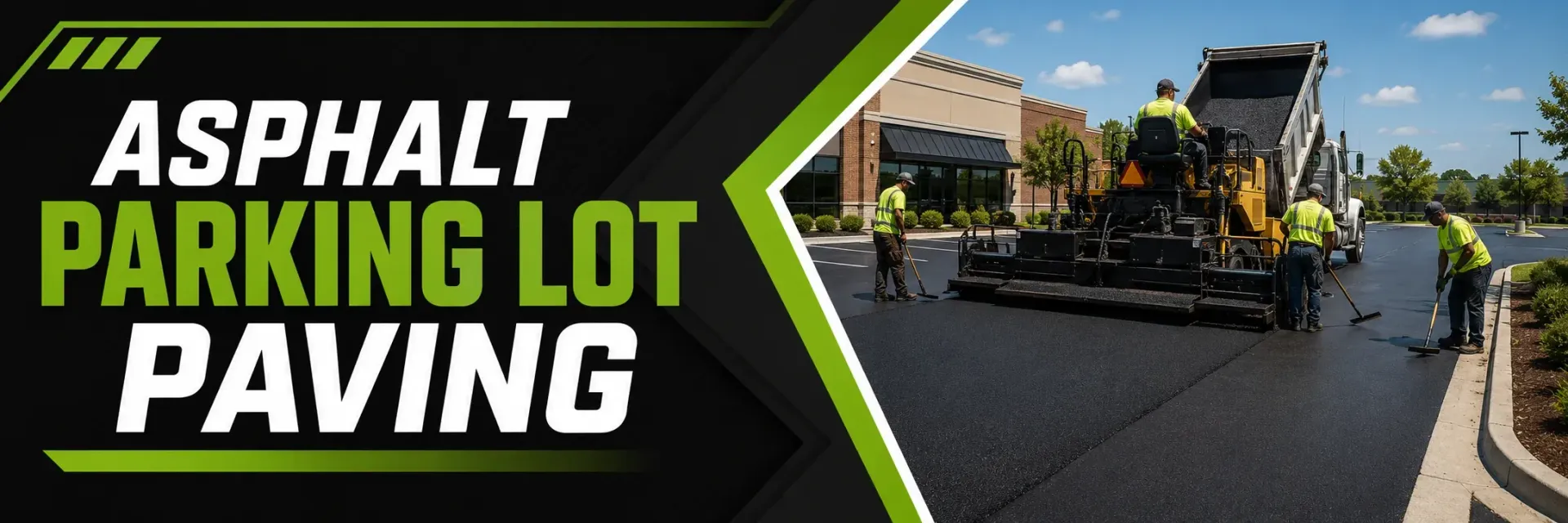 Asphalt parking lot paving crew spreading and raking fresh hot asphalt behind a paver at a retail center in Greendale, WI, building a smooth, durable commercial lot