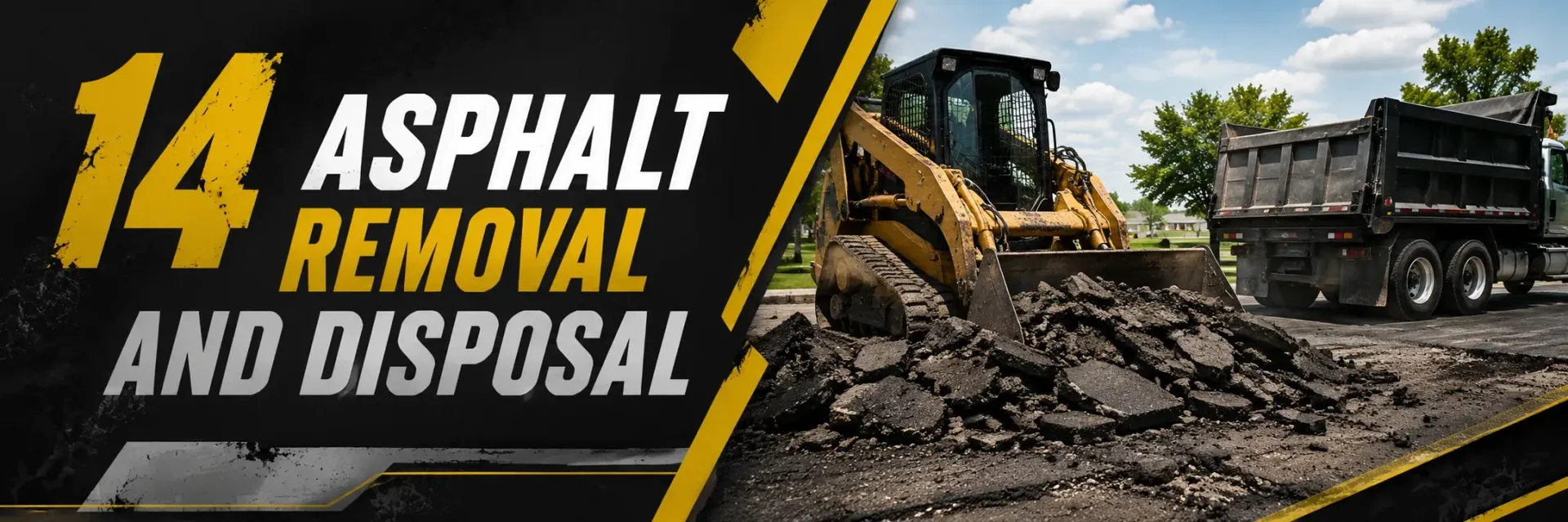Asphalt removal and disposal crew using a skid steer to break up and haul away old broken pavement into a dump truck on a residential street in Hales Corners, WI