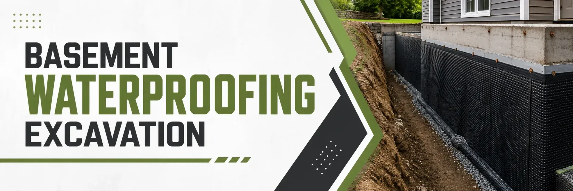 Basement waterproofing excavation along a home foundation in Muskego, WI, with a dimple drainage membrane and gravel-filled trench installed to keep the basement dry