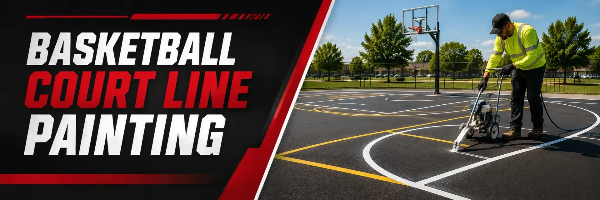 Basketball court line painting in progress on a freshly sealed outdoor court in Wind Lake, WI, where a striper paints crisp white and yellow boundary and key lines