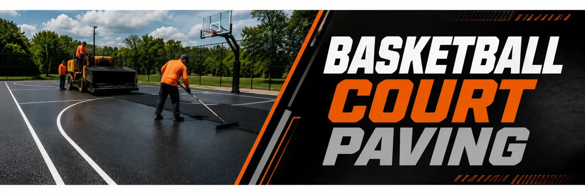 Basketball court paving crew smoothing fresh asphalt with a paver and squeegee on a new outdoor court in Mukwonago, WI, creating a level surface ready for striping