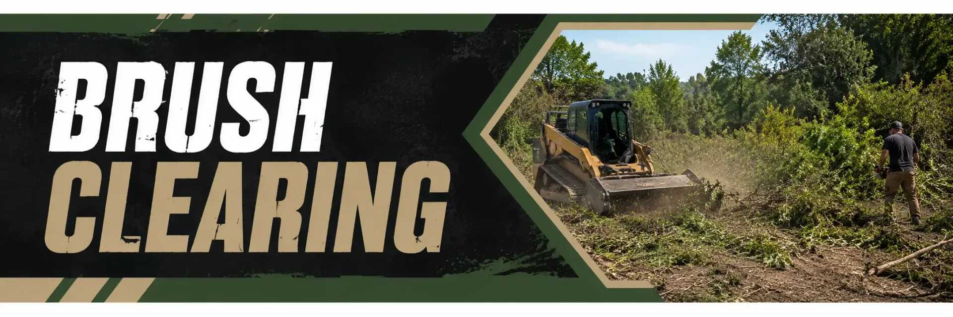 Brush clearing with a tracked skid steer forestry mulcher cutting through dense overgrowth and small trees on a wooded property in Big Bend, WI, to reclaim usable land