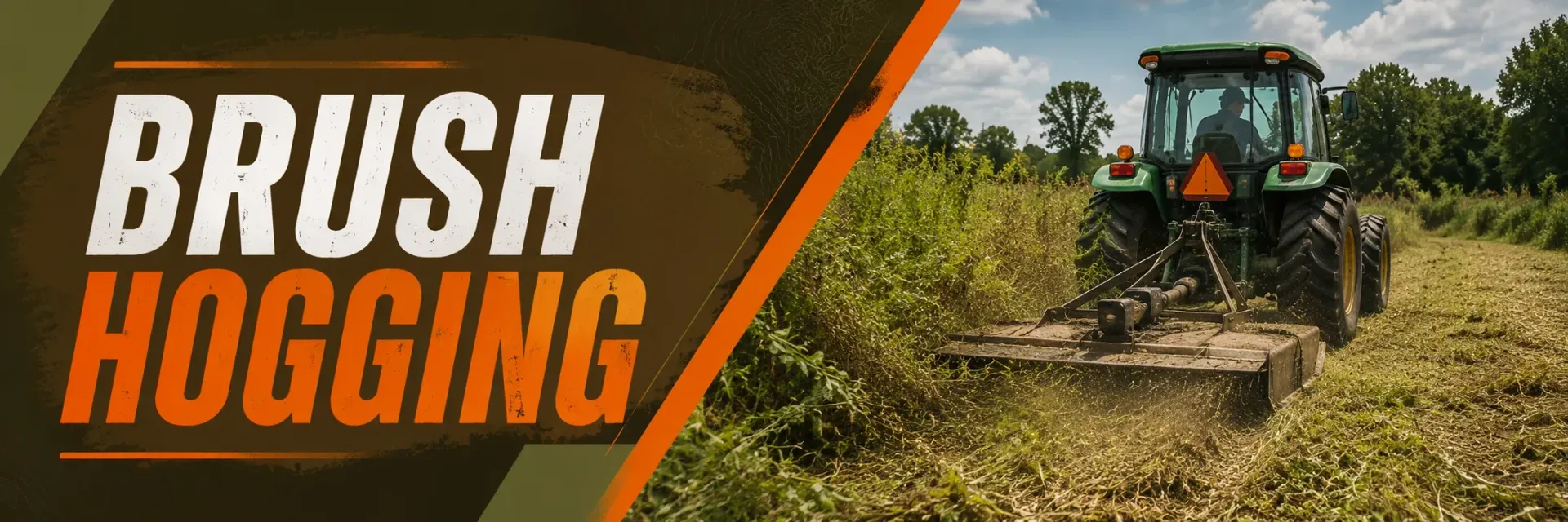 Brush hogging an overgrown field with a tractor and rotary cutter mowing down tall weeds and brush in Tess Corners, WI, to restore a clean, maintained rural property