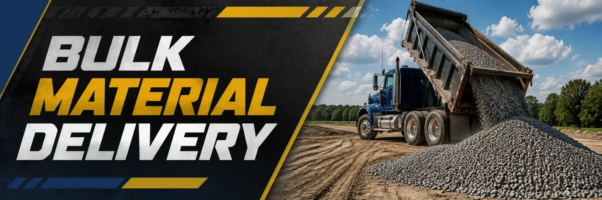 Bulk material delivery dump truck unloading a load of crushed gravel aggregate at a job site in New Berlin, WI, supplying stone for driveway, base, and paving projects