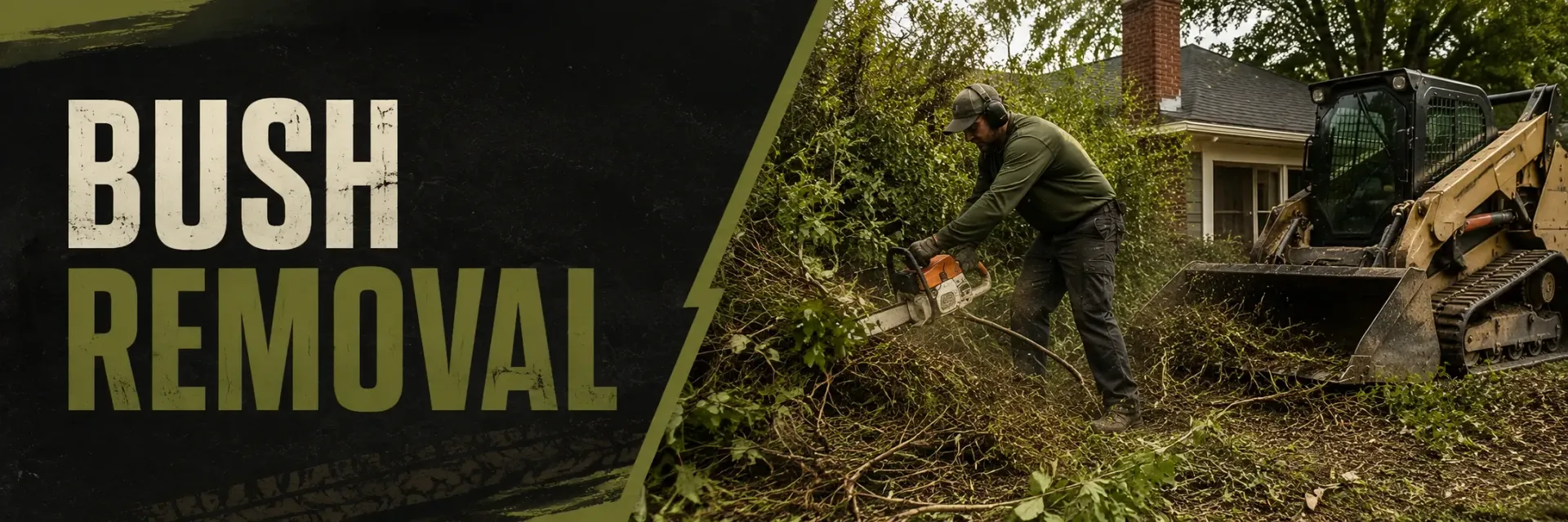 Bush removal at a residential property in Vernon, WI, where a crew uses a skid steer and hand tools to tear out overgrown shrubs and roots and clear the beds for a clean yard