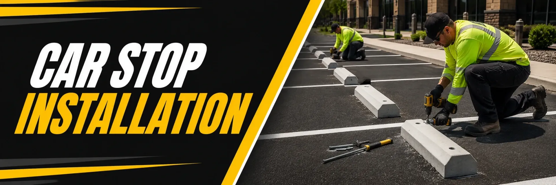 Car stop installation in a commercial parking lot in Greendale, WI, where a crew sets and pins precast concrete wheel stops along freshly striped stalls