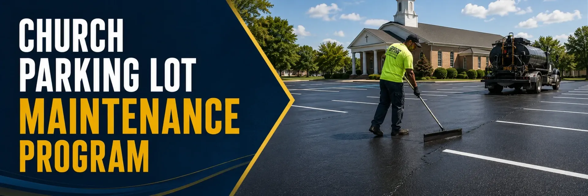 Church parking lot maintenance program in Mukwonago, WI, where a crew sealcoats and restripes the lot to keep the church entrance safe, clean, and welcoming for members