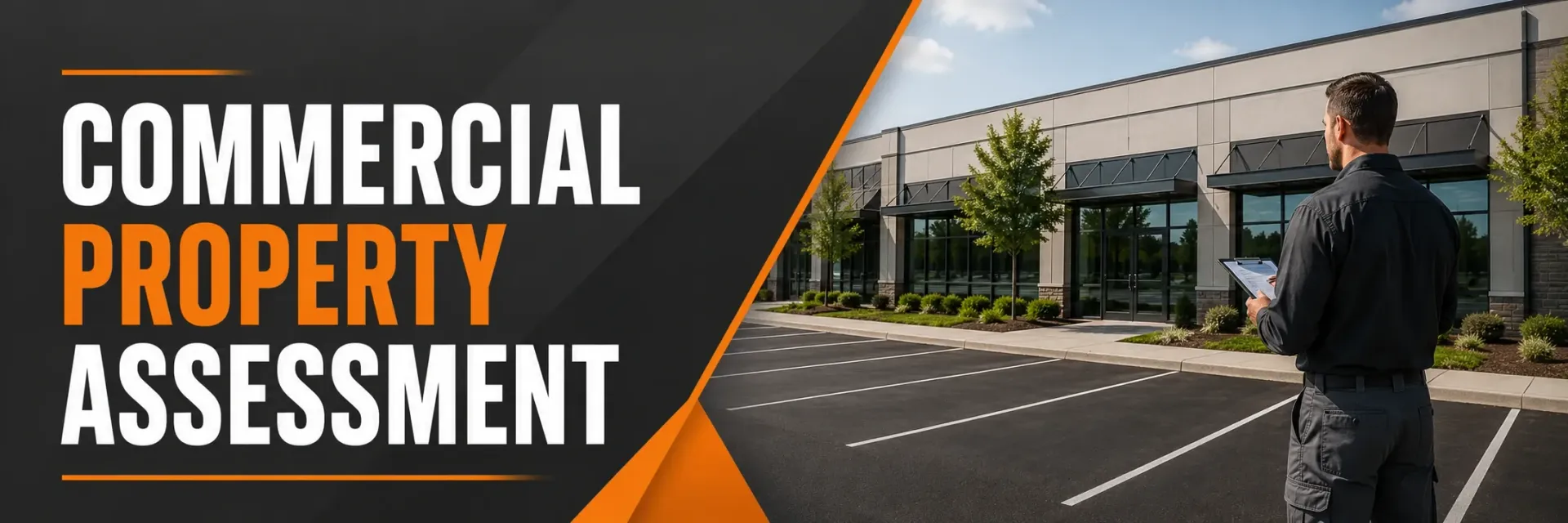 Commercial property assessment in New Berlin, WI, where a paving estimator inspects a retail parking lot for cracks and wear and notes repairs on a clipboard for a quote