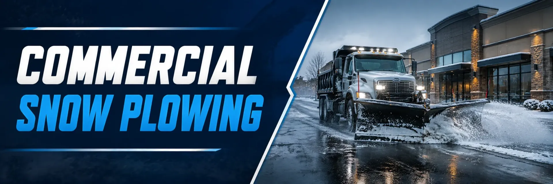 Commercial snow plowing in a Franklin, WI parking lot, where a plow truck clears heavy snow and pushes back the banks to keep the business lot safe and open for customers