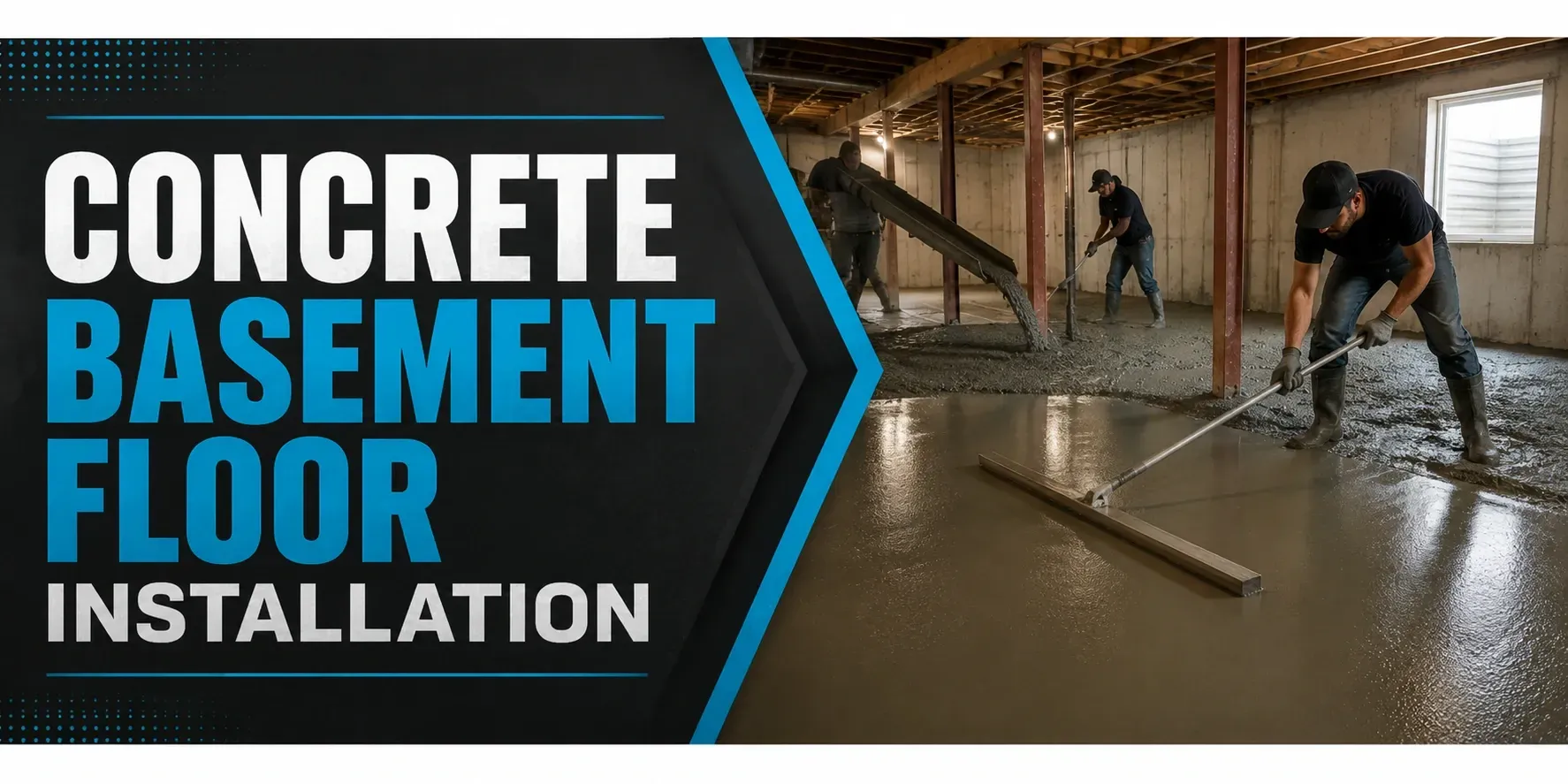 Concrete basement floor installation in Hales Corners, WI, where a crew screeds and trowels fresh concrete over a gravel base to finish a smooth, level basement slab