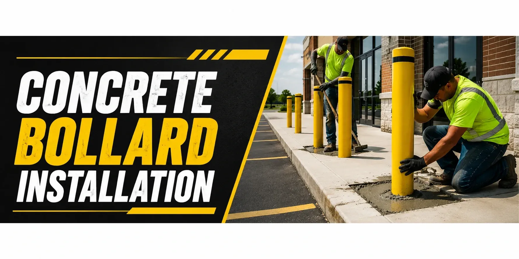 Concrete bollard installation at a Wind Lake, WI storefront, where a crew sets steel-and-concrete safety posts in yellow sleeves to protect the entrance from vehicles
