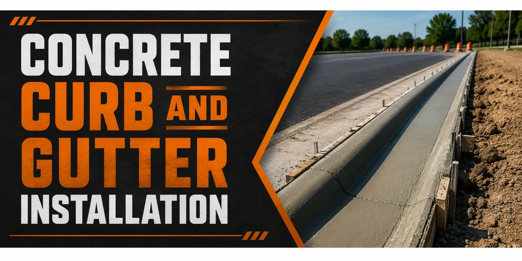 Concrete curb and gutter installation along a Tess Corners, WI parking lot, where a crew forms and finishes fresh concrete to channel drainage and edge the pavement