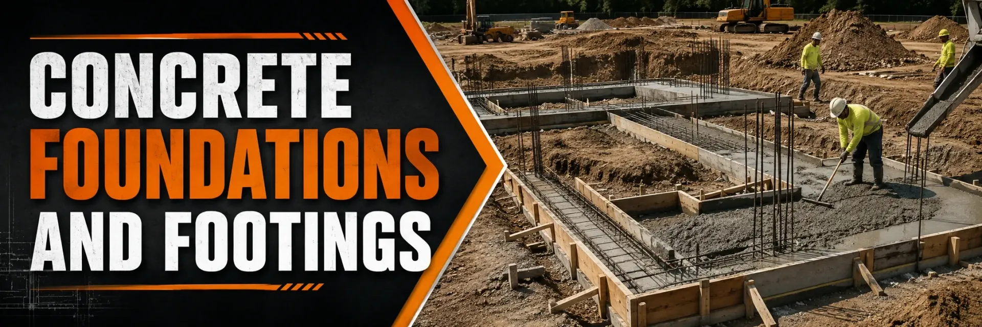 Concrete foundations and footings being poured at a build site in Wind Lake, WI, where a crew fills rebar-reinforced forms with fresh concrete for a solid, level base