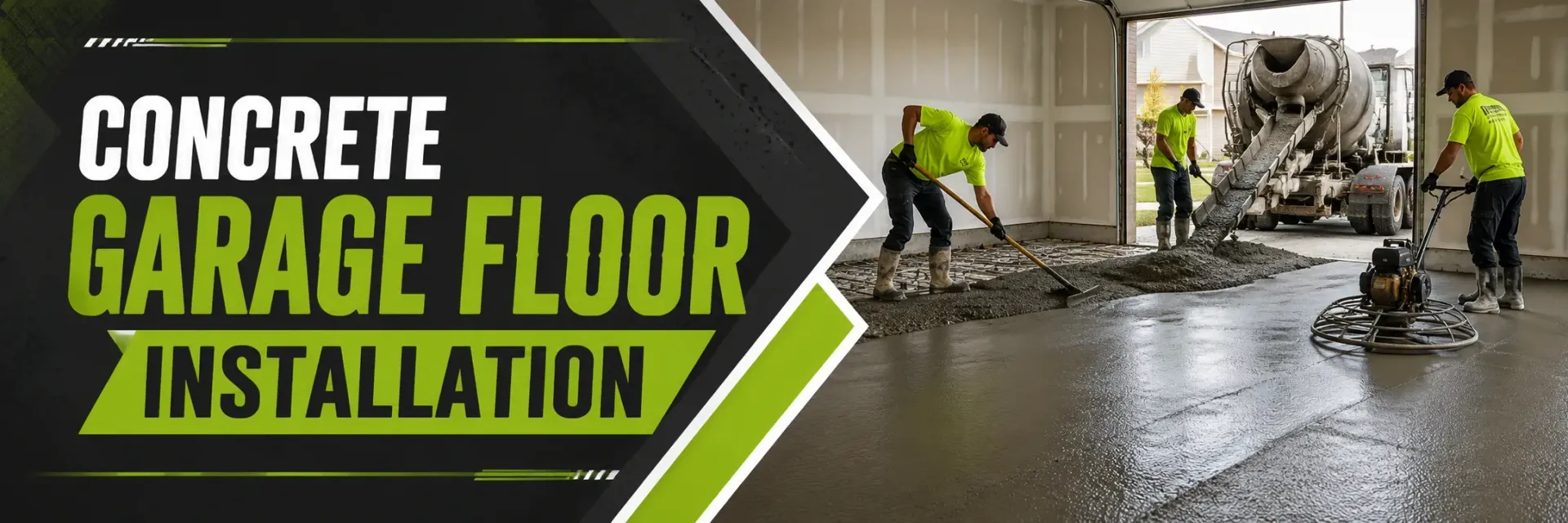 Concrete garage floor installation in Greendale, WI, where a crew screeds and power-trowels a fresh slab over a gravel base for a smooth, durable, long-lasting floor