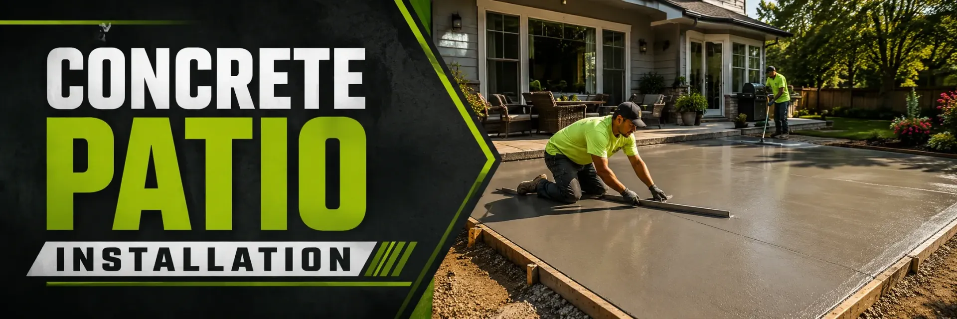 Concrete patio installation in a backyard in Mukwonago, WI, where a crew screeds and floats a fresh poured-concrete slab to build a smooth, durable outdoor patio