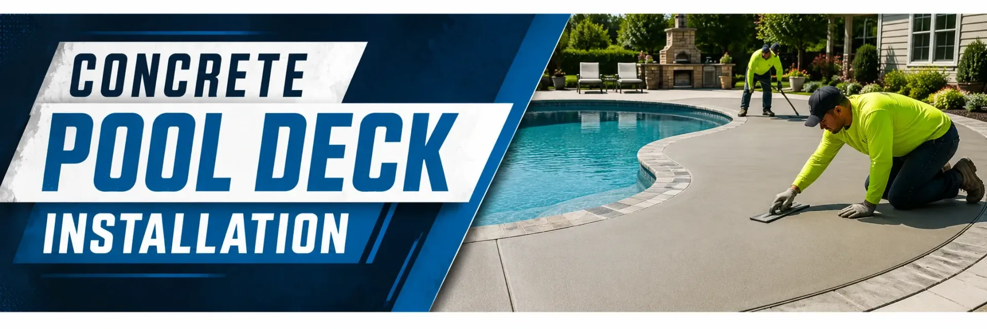 Concrete pool deck installation around a backyard pool in Big Bend, WI, where a crew finishes a fresh poured-concrete deck for a smooth, slip-resistant pool surround