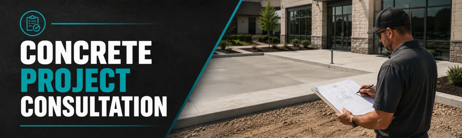Concrete project consultation in Muskego, WI, where a contractor reviews plans on site with a homeowner and marks out a driveway and patio layout for an accurate quote