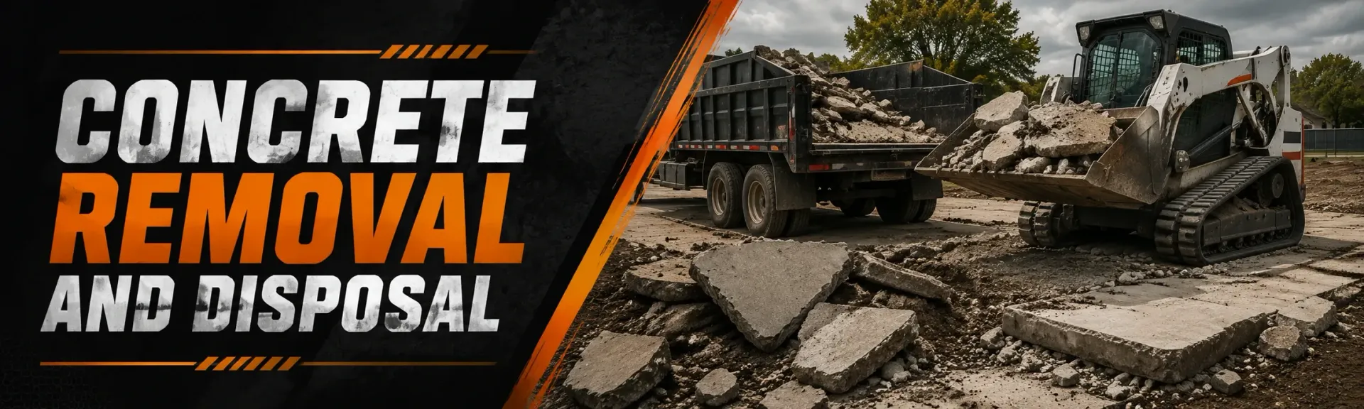 Concrete removal and disposal in Hales Corners, WI, where a crew breaks up an old slab with a jackhammer and skid steer and loads the broken concrete into a dump truck
