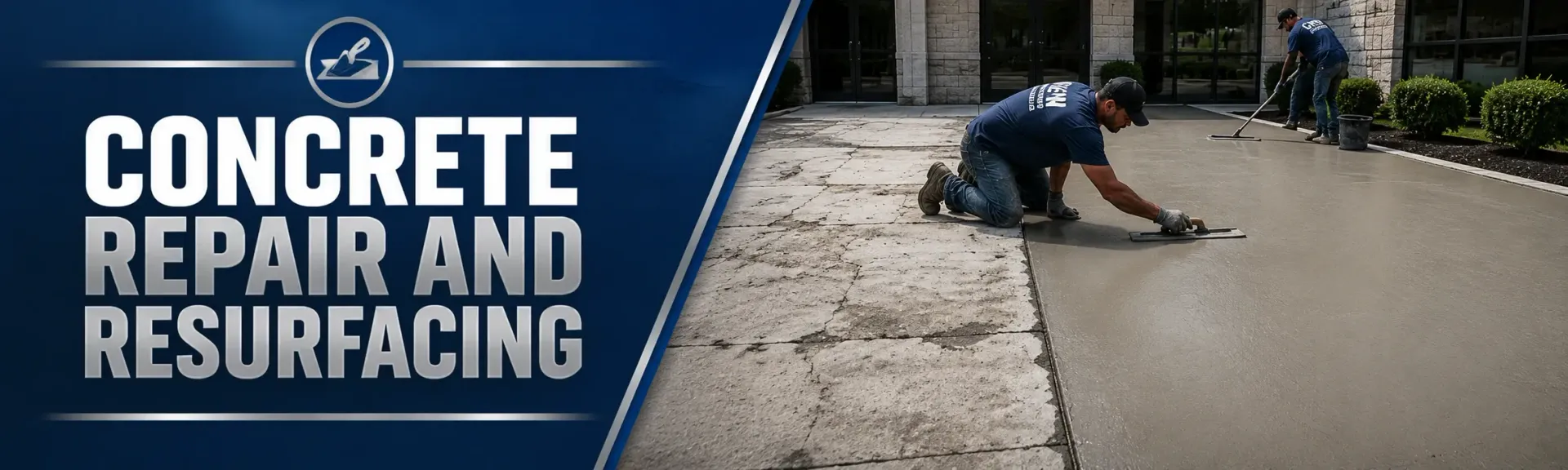 Concrete repair and resurfacing in Tess Corners, WI, where a crew patches cracks and spreads a fresh overlay to restore a worn slab to a smooth, like-new surface