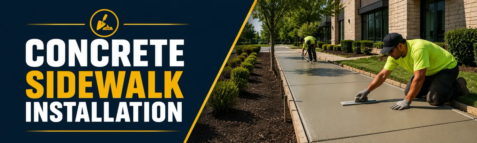 Concrete sidewalk installation along a Franklin, WI commercial frontage, where a crew floats and finishes fresh concrete for a smooth, level, ADA-friendly walkway