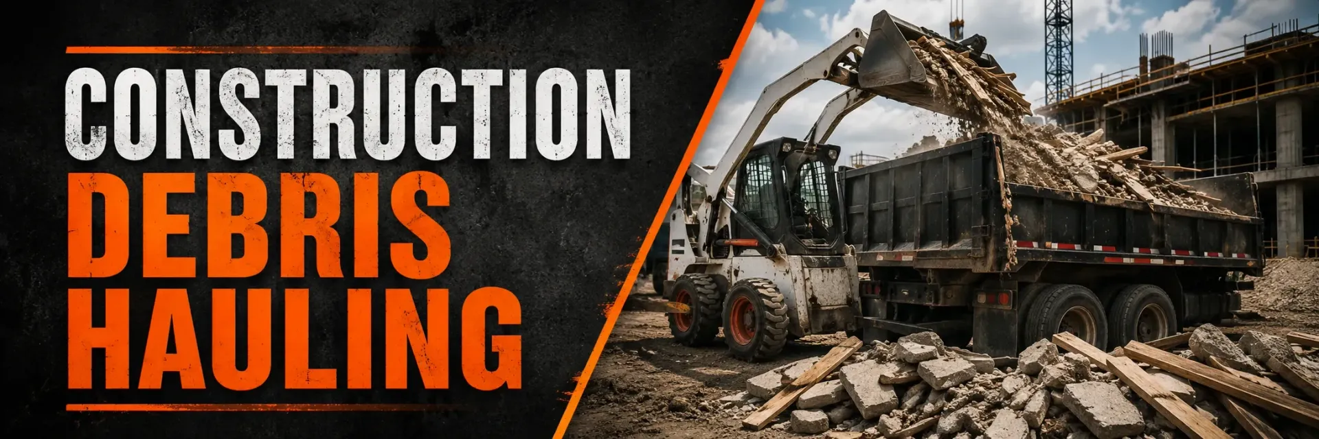 Construction debris hauling at a job site in New Berlin, WI, where a crew loads broken lumber, drywall, and rubble into a dump truck to clear the site for the next phase