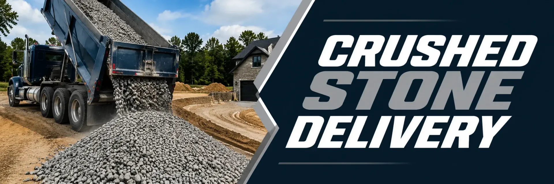 Crushed stone delivery in Big Bend, WI, where a dump truck unloads a fresh pile of crushed limestone aggregate at a job site for driveway base and paving prep
