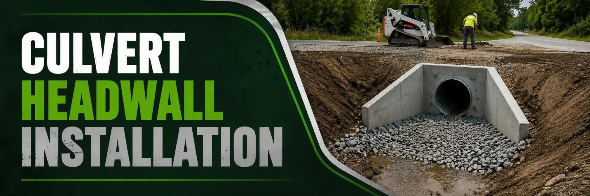 Culvert headwall installation along a rural driveway in Vernon, WI, where a crew sets a poured-concrete headwall at the culvert end to hold the bank and guide water flow