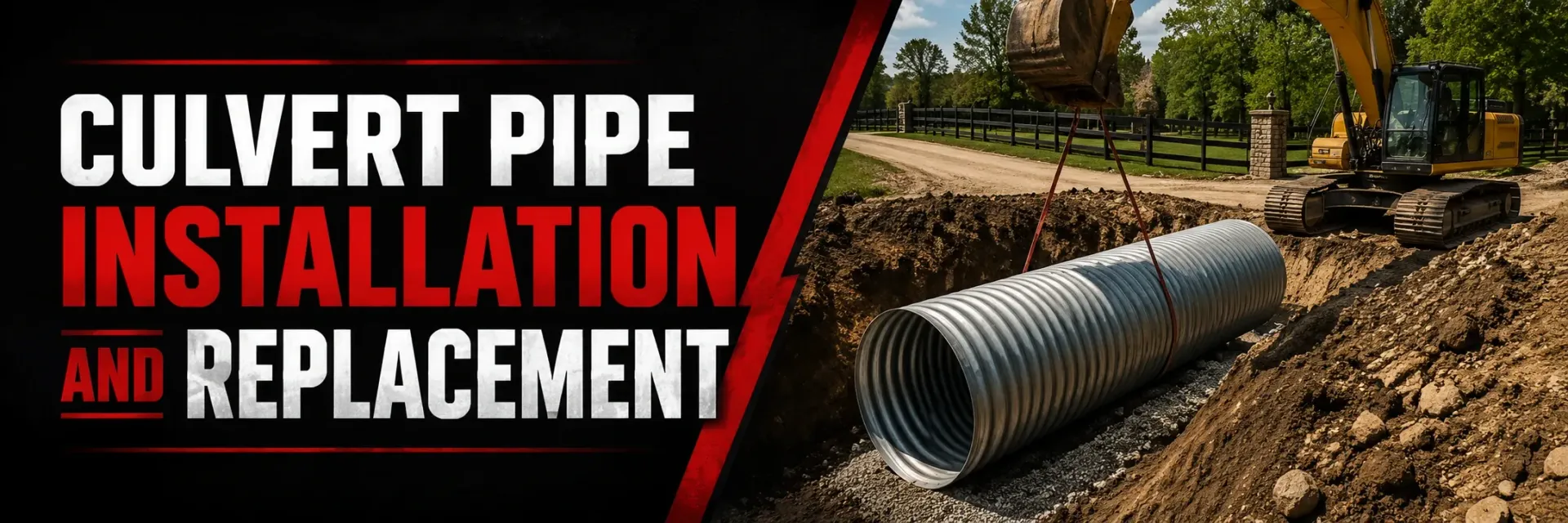 Culvert pipe installation or replacement in Wind Lake, WI, where an excavator lays a new corrugated drainage pipe in a trench and backfills stone to carry water flow