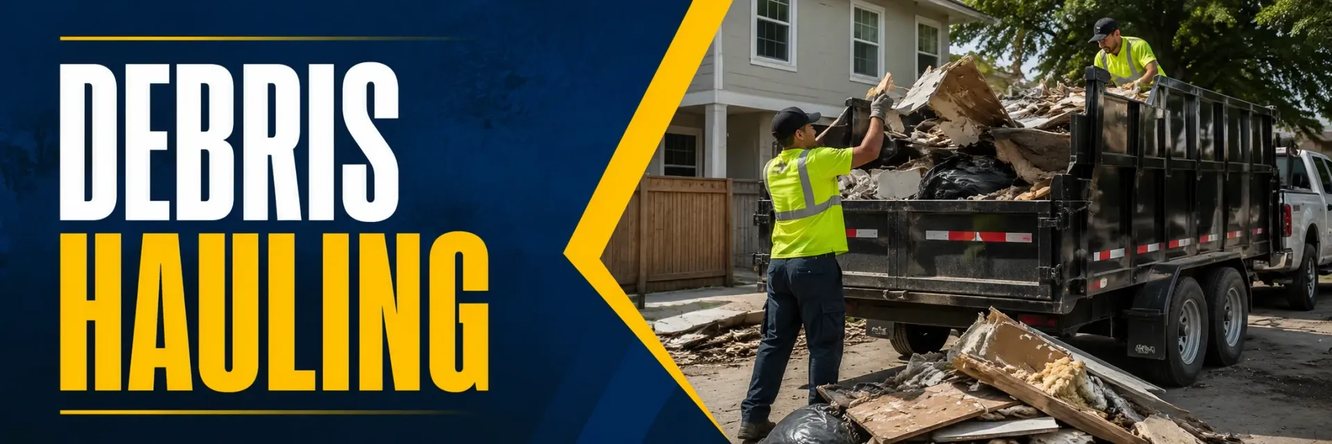 Debris hauling in Greendale, WI, where a worker loads brush, scrap, and yard debris into a dump trailer to clear a property and haul the waste away for disposal