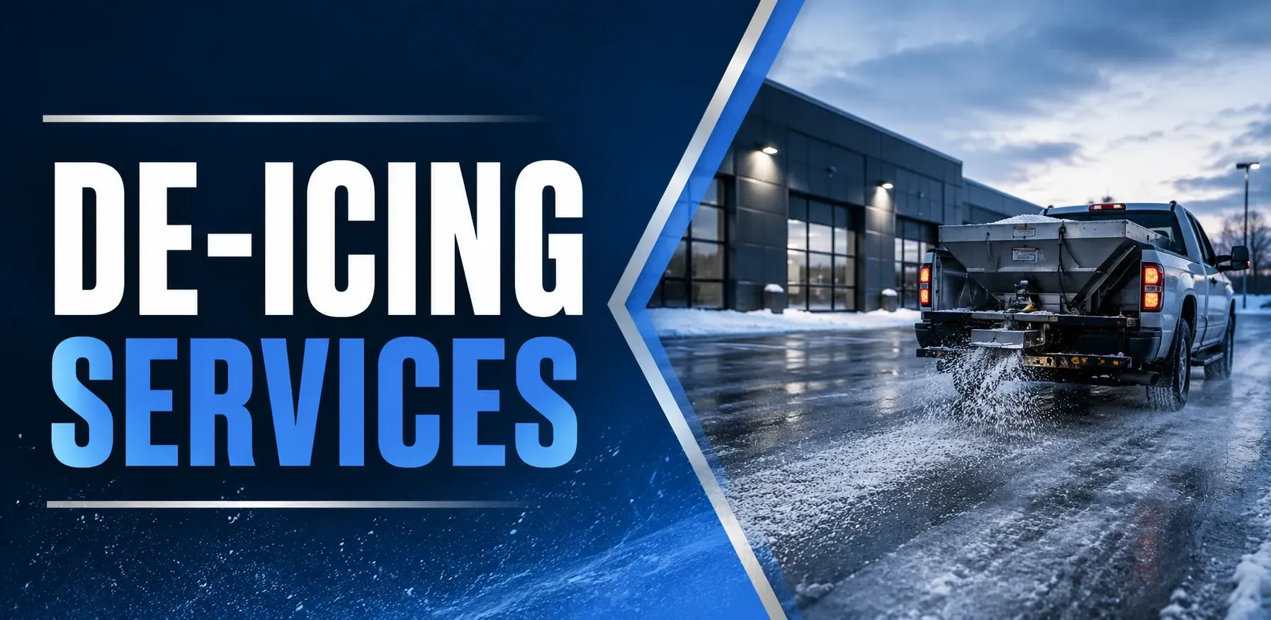 De-icing services in a Franklin, WI commercial lot, where a spreader truck applies salt and ice melt across a snowy parking lot to keep the surface safe for traffic