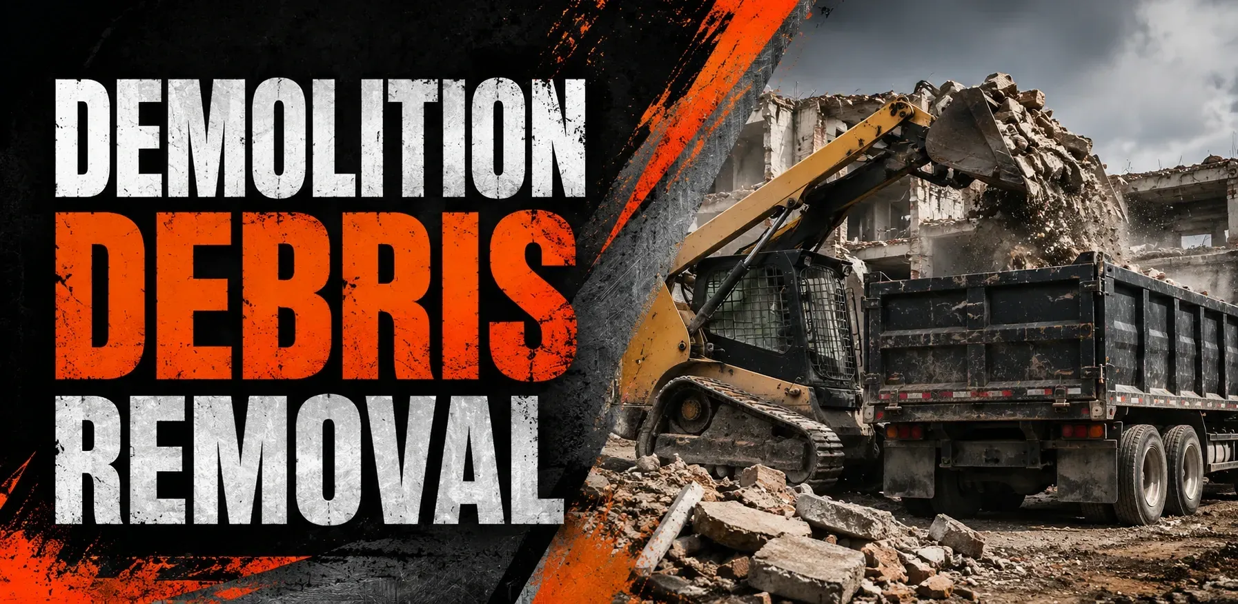 Demolition debris removal in Hales Corners, WI, where an excavator tears down an old structure and loads the broken concrete and rubble into a dump truck to clear the lot