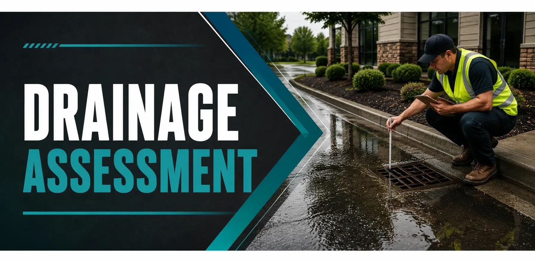 Drainage assessment in Tess Corners, WI, where a technician in a safety vest inspects a yard and grade to find pooling water and plan a drainage fix for the property