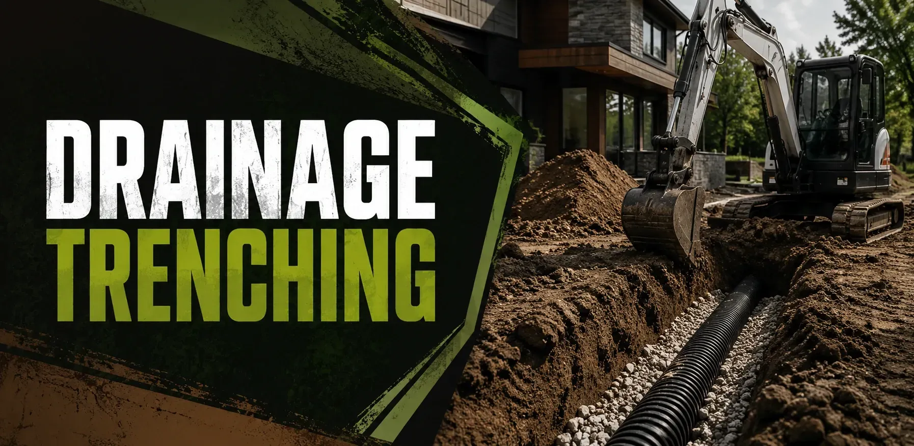 Drainage trenching in Vernon, WI, where a tracked trencher digs a deep, narrow channel along a yard to lay drain pipe and carry standing water away from the home