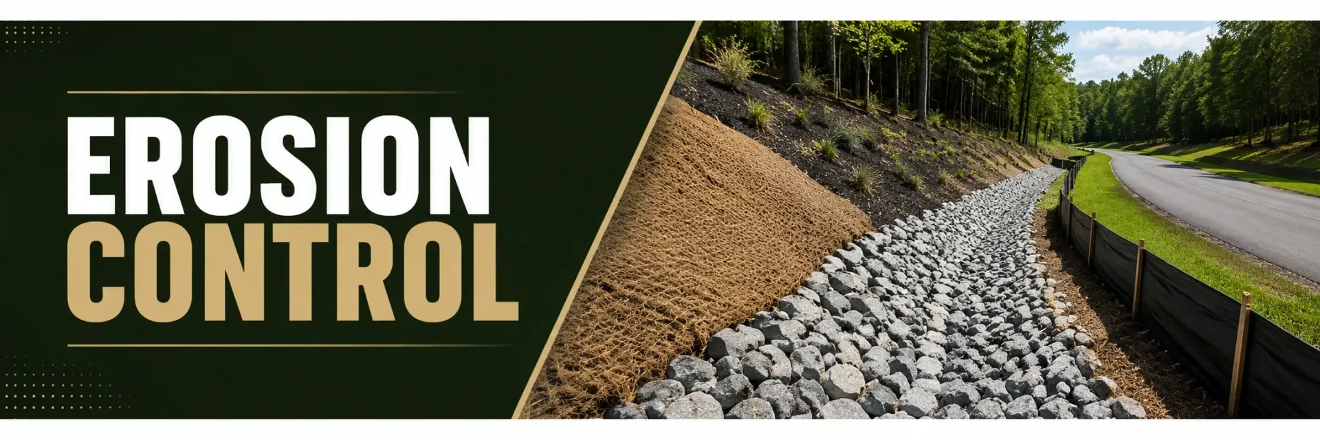 Erosion control on a graded slope in Big Bend, WI, where a crew installs riprap stone and erosion blanket to hold the soil and channel runoff away from the site