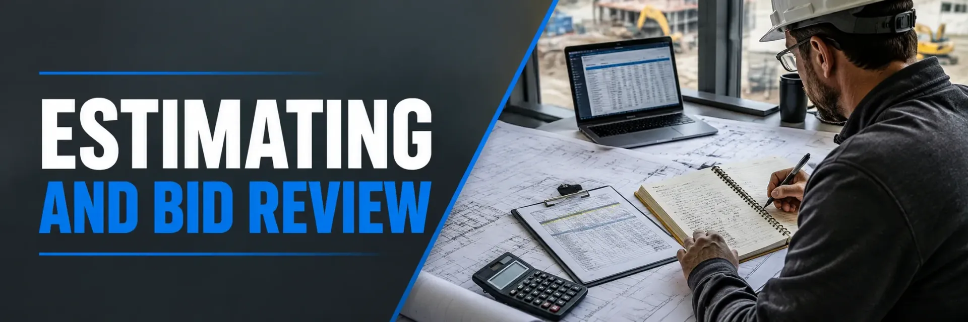 Estimating and bid review in Hales Corners, WI, where an estimator reviews site plans and pricing at a desk to build an accurate, detailed paving project quote