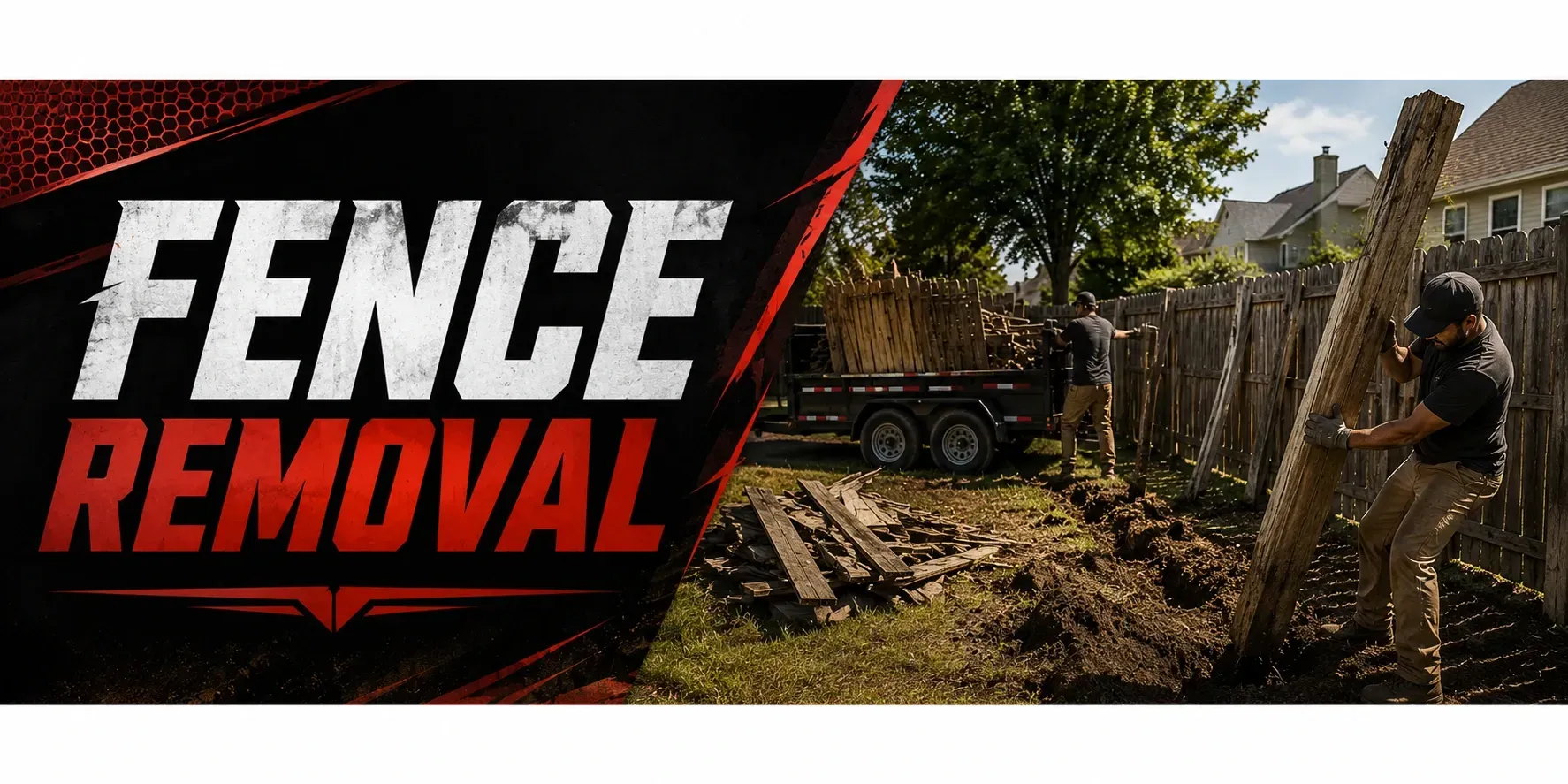 Fence removal at a property in Wind Lake, WI, where a crew pulls old fence posts and panels and clears the line to prep the yard for new paving or landscaping