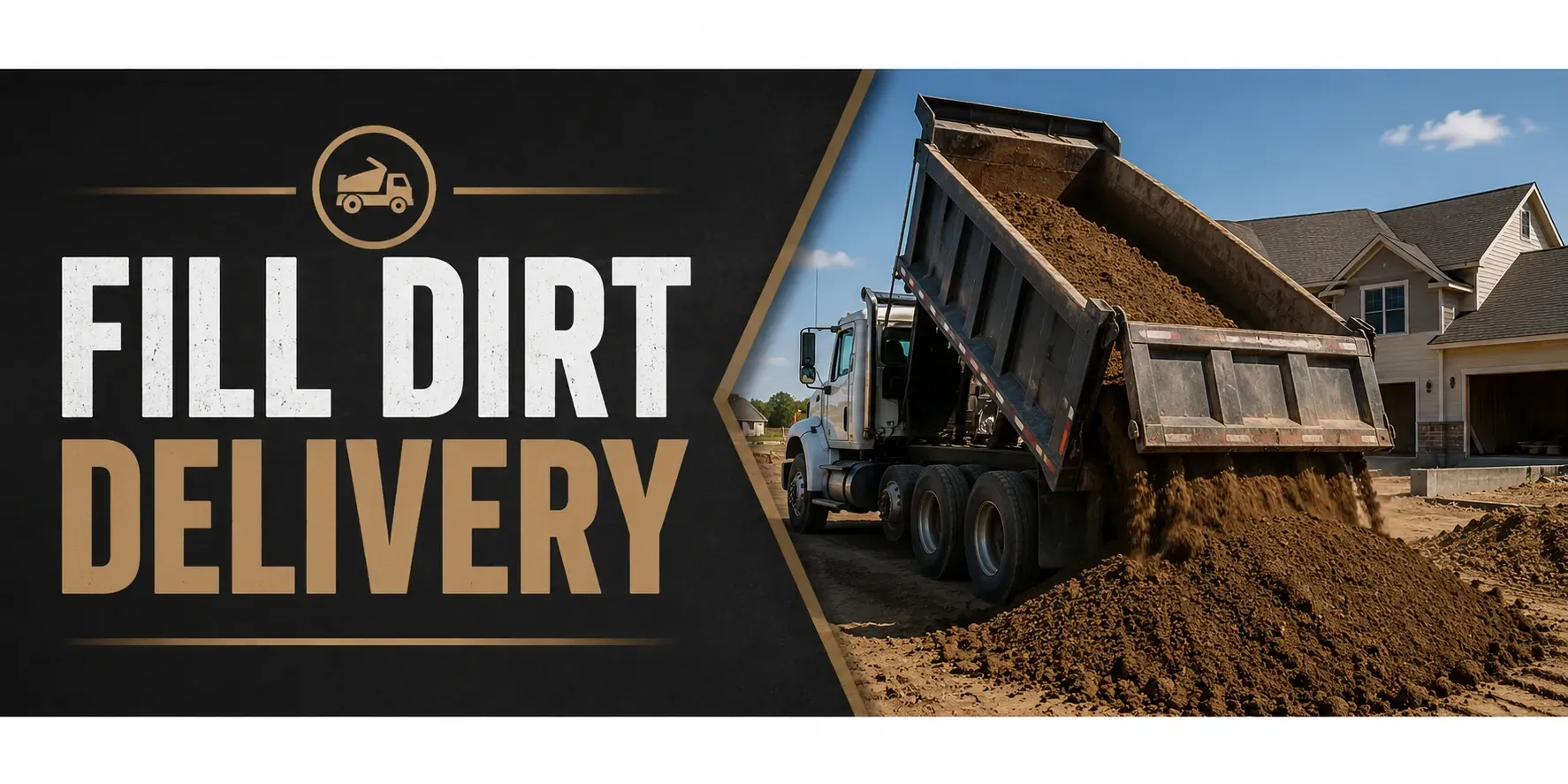 Fill dirt delivery in Greendale, WI, where a dump truck unloads a load of clean fill dirt at a job site to raise the grade and build up low or uneven ground