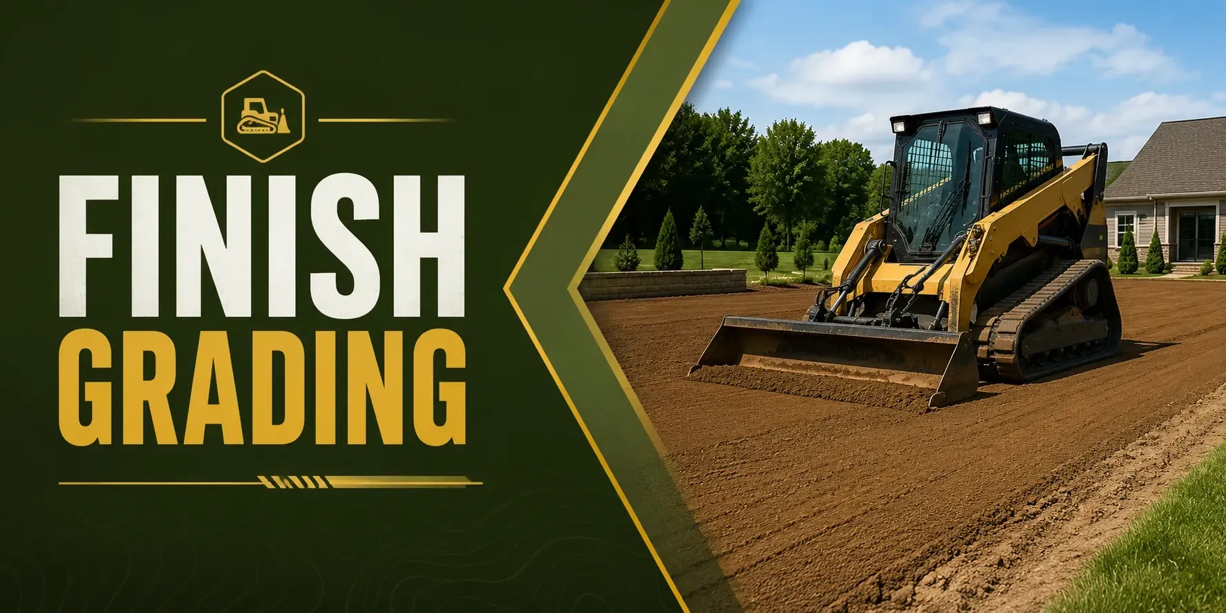 Finish grading in Vernon, WI, where a skid steer with a box blade levels and smooths the soil to a precise final grade, prepping the site for paving, sod, or seed