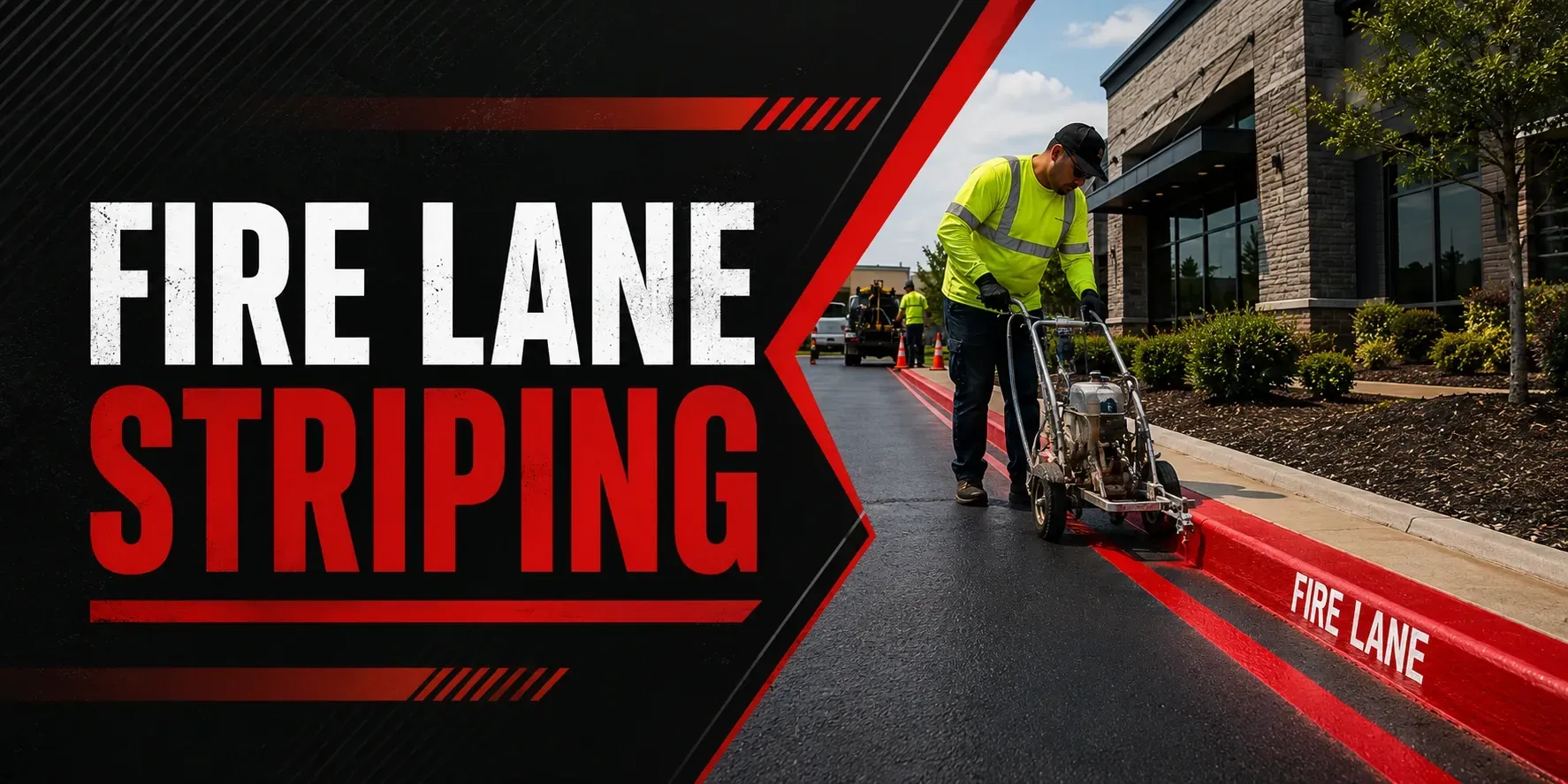 Fire lane striping at a commercial property in Tess Corners, WI, where a striper paints bright red curbs and crisp white No Parking Fire Lane lettering for code compliance