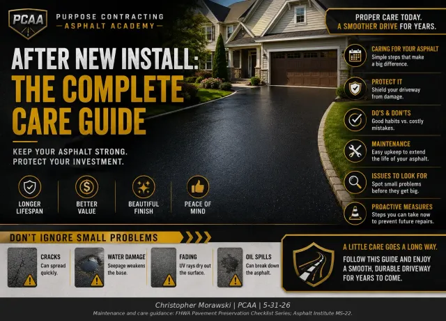 New asphalt driveway care guide for Muskego and New Berlin property owners covering curing, traffic restrictions, drainage, crack sealing, sealcoating, and long-term pavement maintenance.