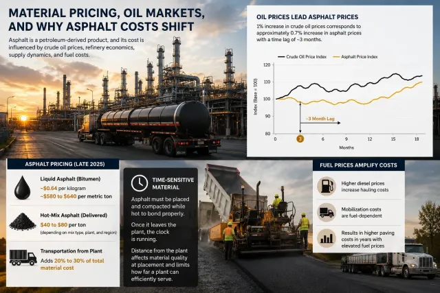 Infographic explaining how oil prices, liquid asphalt, hot-mix asphalt, trucking, fuel and timing can shift asphalt paving costs.