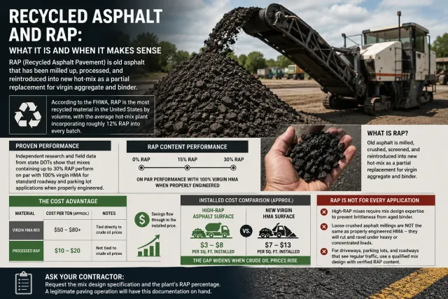 Recycled asphalt and RAP guide showing how reclaimed asphalt pavement affects mix cost, performance, sustainability and proper applications.