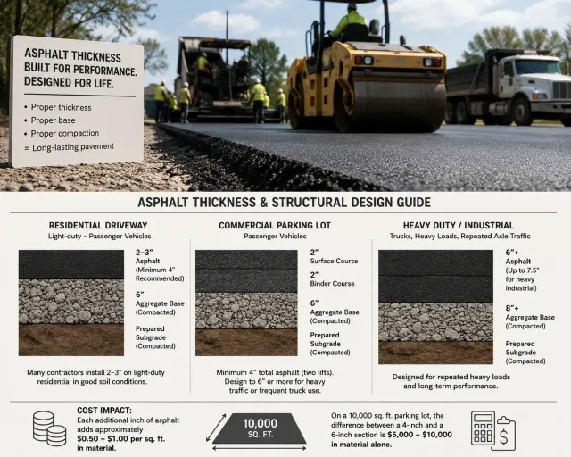 Structural design guide infographic comparing asphalt thickness requirements — residential driveways at 2–3 inches, commercial parking lots at a minimum of 4 inches total, and heavy-duty industrial surfaces at 6 inches or more — showing that each additional inch of asphalt adds $0.50–$1.00 per square foot, so on a 10,000 sq ft lot the difference between a 4-inch and 6-inch design is $3,000–$10,000.