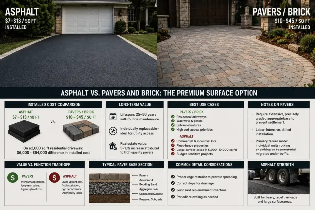Cost comparison infographic showing asphalt paving versus pavers and brick for installation cost, long-term value, best uses and maintenance.