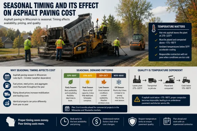 Seasonal asphalt paving cost infographic showing how Wisconsin weather, contractor availability, temperature and scheduling affect price and quality.