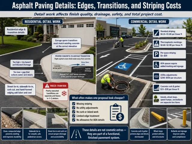 Asphalt paving detail guide showing how edges, driveway transitions, striping, ADA stalls, utility adjustments and concrete tie-ins affect cost.